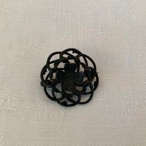 Vintage Black Enamel Round Filigree Pin Brooch